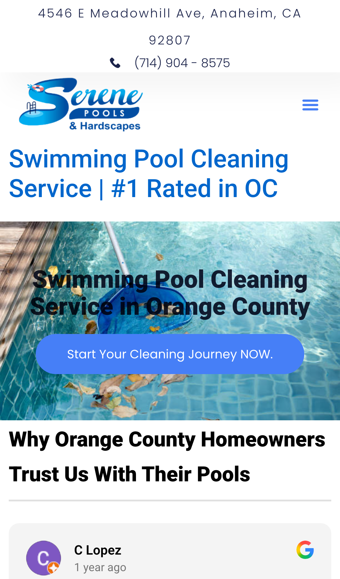 Pool cleaning Orange County page on mobile