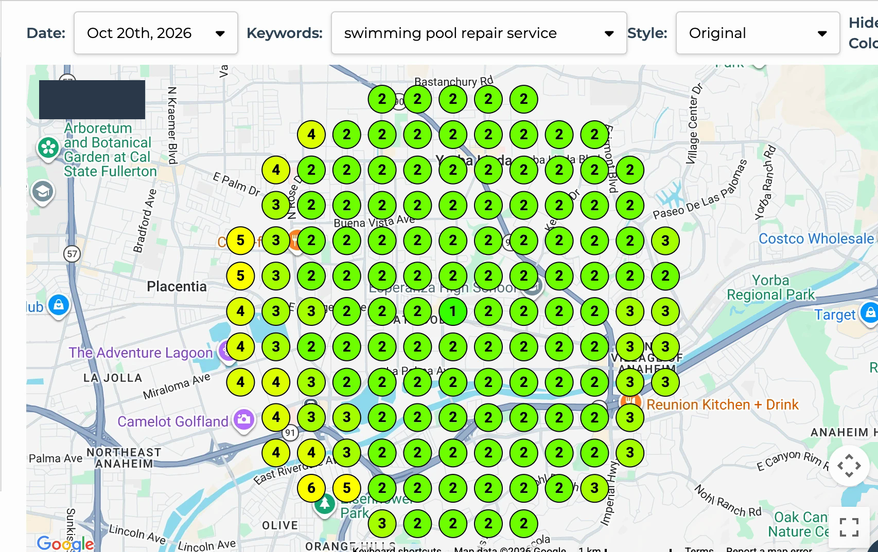 October 2026 Google Maps ranking grid showing nearly all green ranks (positions 2-5)
