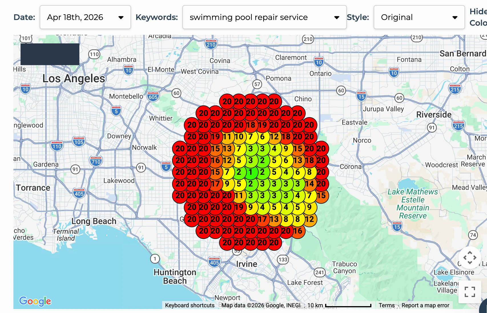 April 2026 Google Maps ranking grid showing mostly red and orange ranks